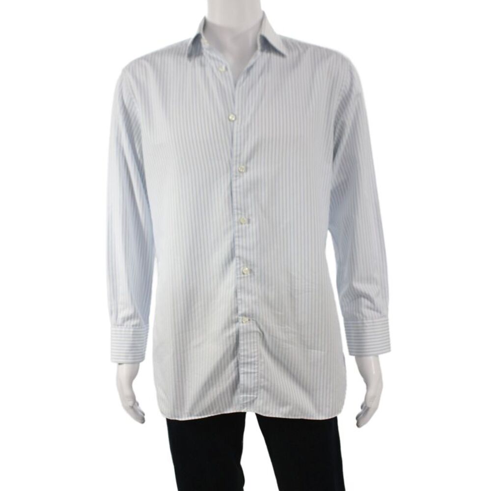 Zegna Mens Striped Print Long Sleeve Buttoned-Up Blue Size EUR 46